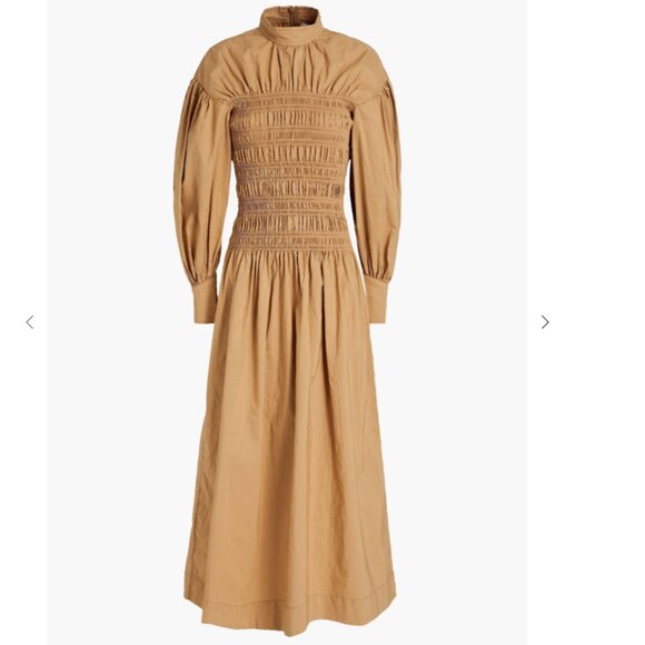 GANNI Gathered cotton and linen-blend poplin midi dress - Picture 1 of 8